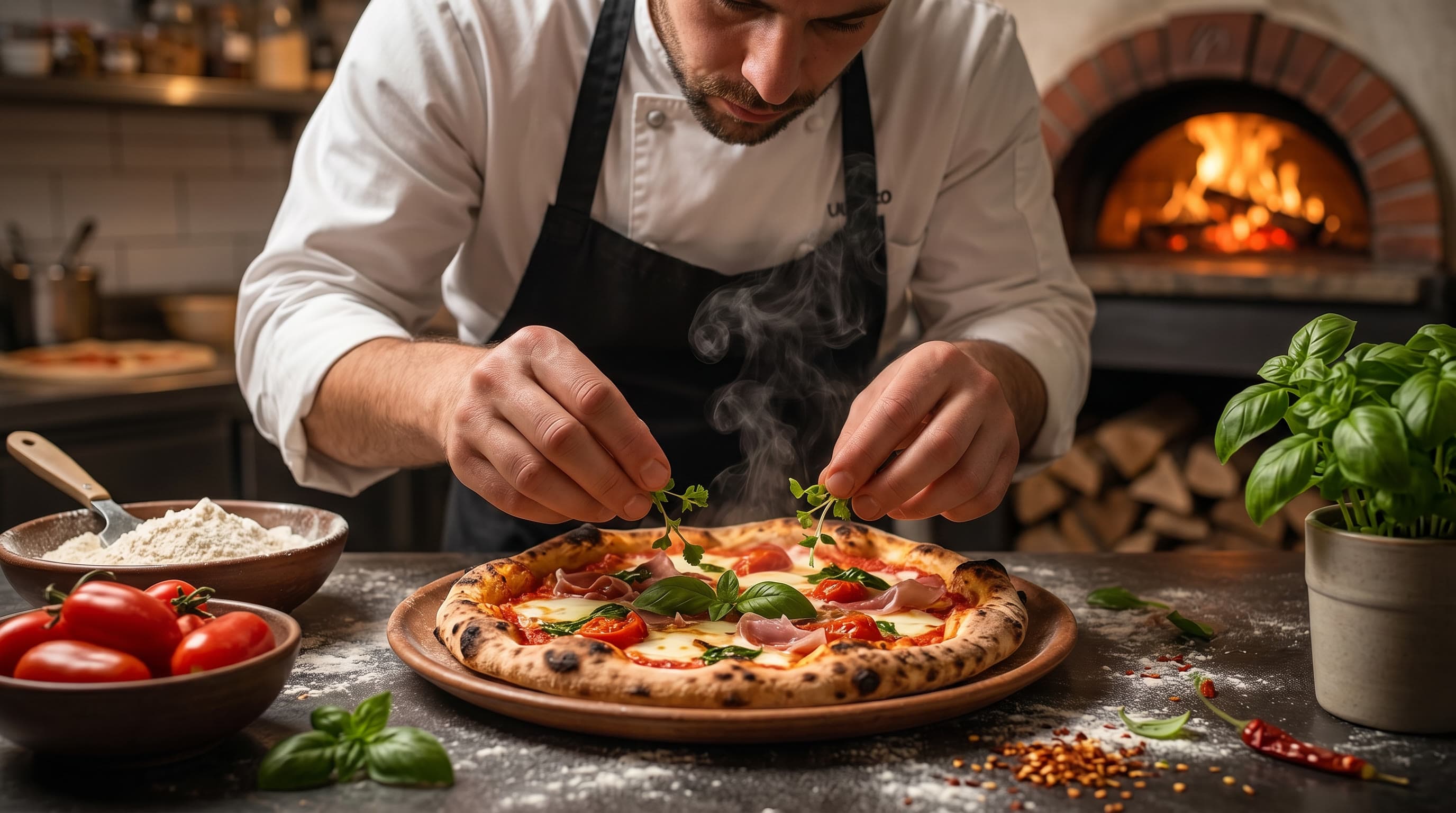 Pizzaiolo garniert eine frische Pizza vor dem Holzofen